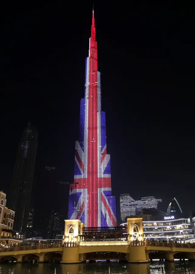 The Union Jack reflected on the Burj Khalifa