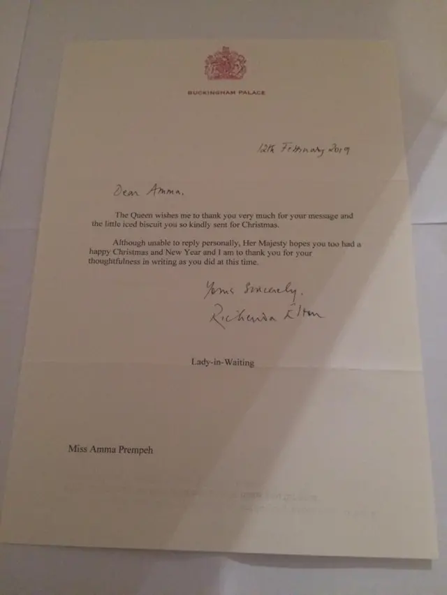 Amma's letter from the Queen which thanked her for an iced biscuit and a card she sent to her one year it is signed by her lady in waiting