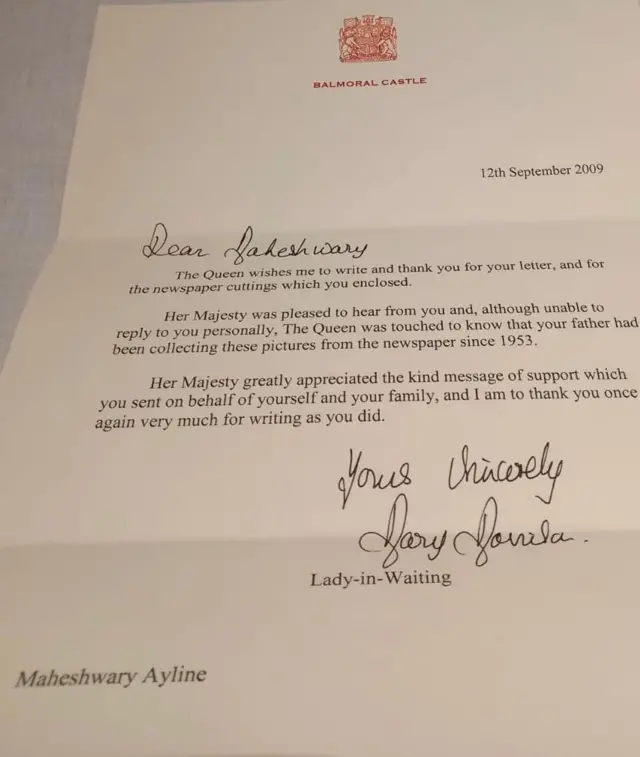 Maheshwary Ayling received a letter from the Queen in 2009.