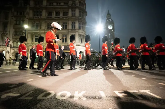 Early morning rehearsal for the procession of Queen Elizabeth's coffin