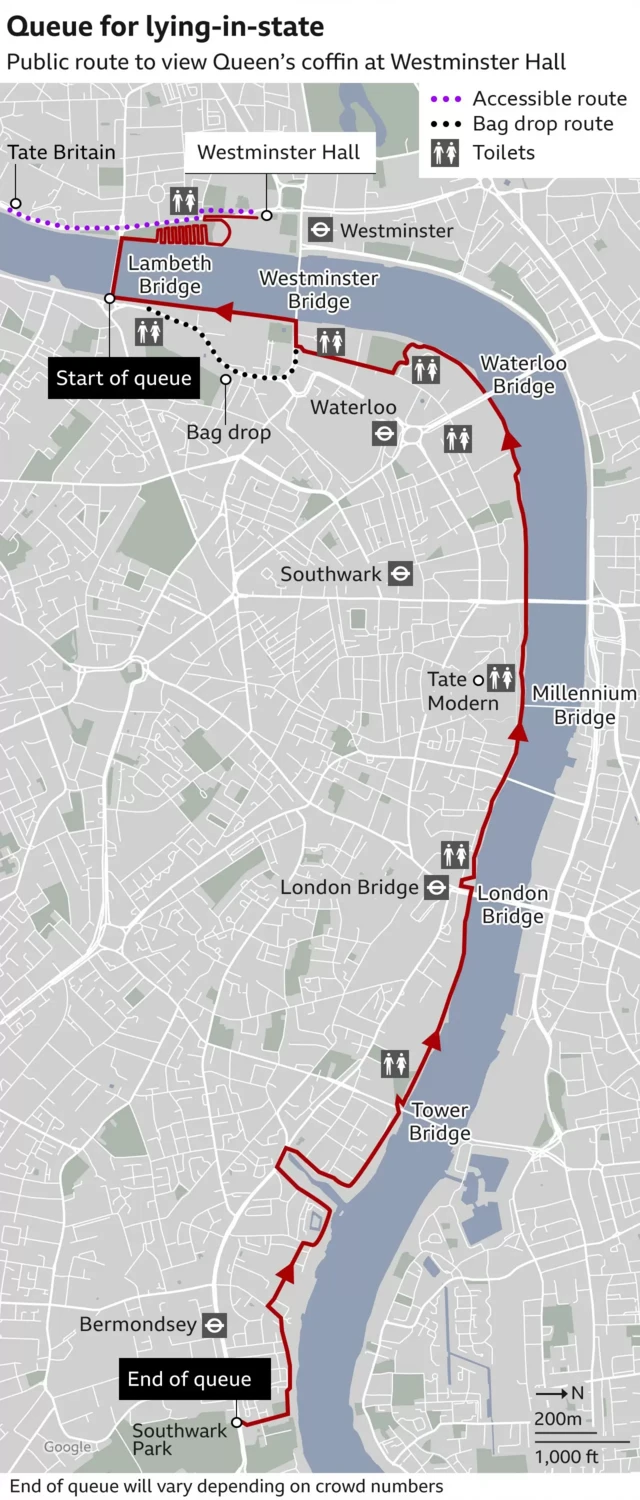 A graphic showing the queue route going along the south bank to Southwark