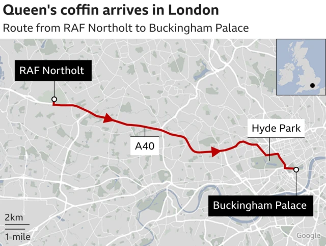 The route from RAF Northolt to Buckingham Palace