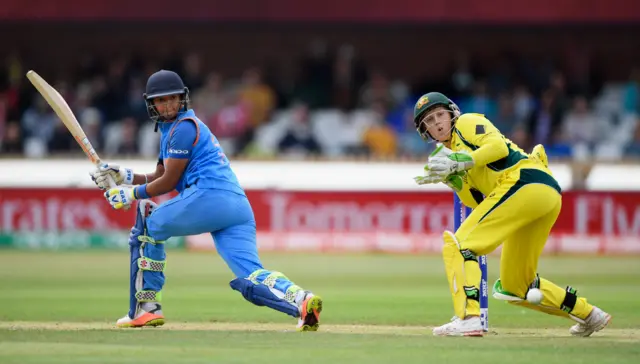 India's Harmanpreet Kaur plays a shot against Australia in the 2017 World Cup