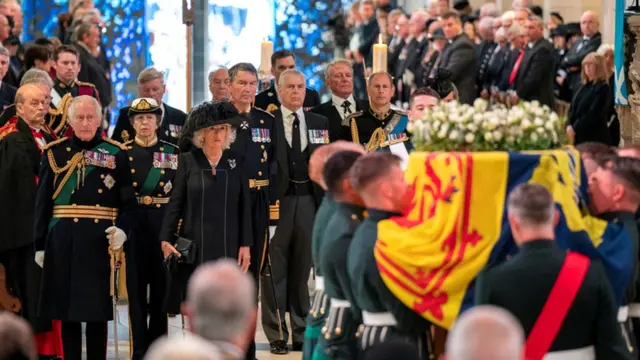 King Charles III, the Queen Consort, the Princess Royal, the Duke of York, the Earl of Wessex, and Vice Admiral Sir Tim Laurence attend a Service of Prayer and Reflection for the Life of Queen Elizabeth II at St Giles' Cathedral, Edinburgh on 12 September