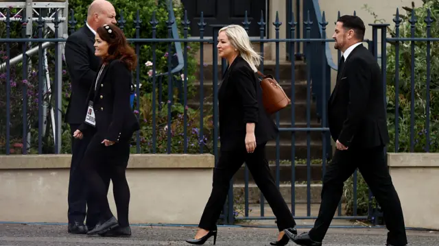 Michelle O'Neill, Sinn Féin deputy leader, arrives in Royal Hillsborough as people wait for the visit of King Charles