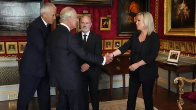 King Charles III meeting Northern Ireland Assembly Speaker Alex Maskey and Sinn Fein Vice President Michelle O'Neill at Hillsborough Castle