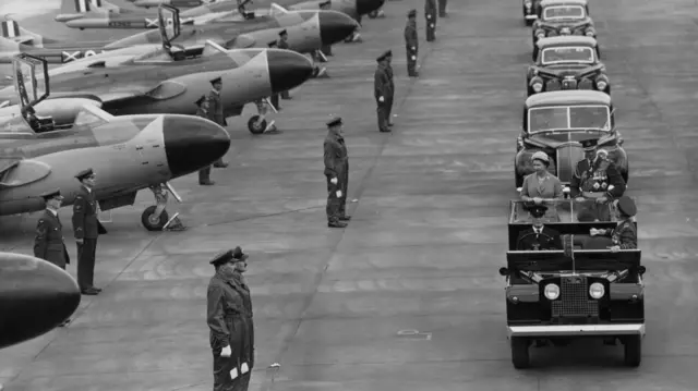 Queen Elizabeth II inspecting No 151 Squadron in Fife on 4 June 1957