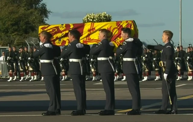 RAF bearer party carry the Queen's coffin