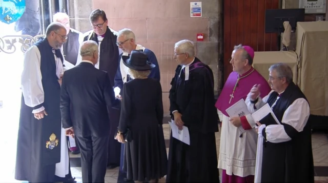 King Charles III and Camilla, Queen Consort, meet church leaders in St Anne's Cathedral in Belfast