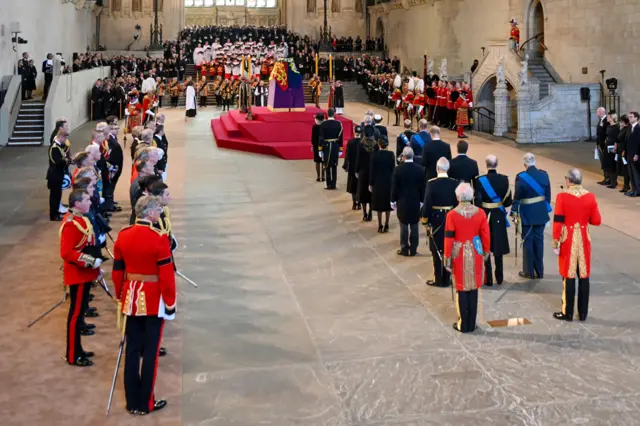 The coffin of Queen Elizabeth II in Westminster Hall.