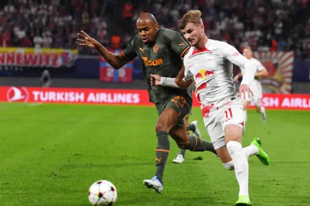 Shakhtar Donetsk's Lucas Taylor and RB Leipzig's Timo Werner