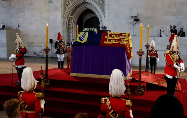 The coffin of Queen Elizabeth II lies on the catafalque in Westminster Hall