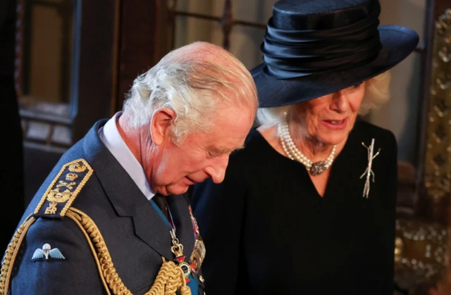 King Charles III is joined by his wife the Queen Consort Camilla at Westminster Hall