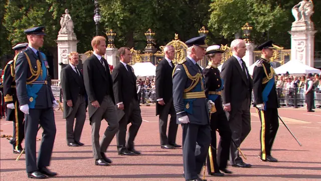 Prince William, Prince Harry, King Charles, Princess Anne and the Duke of York walk behind the coffin