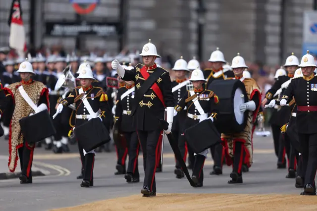 : The Royal Marines Band Service are seen during the procession for the Lying-in State of Queen Elizabeth II on September 14, 2022 in London, England.