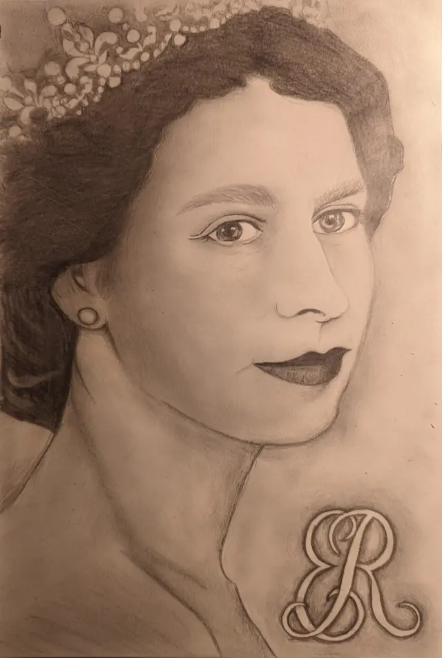 A detailed pencil sketch drawing of a young Queen Elizabeth II