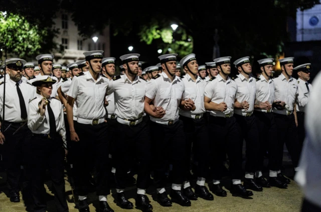 Members of the Royal Navy marching in step