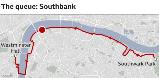 Graphic showing the route of the queue through London to see Elizabeth II lying in state