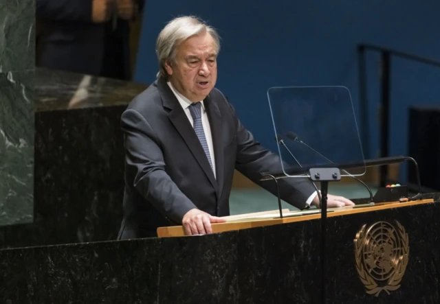 United Nations Secretary-General Antonio Guterres addresses the UN General Assembly on Thursday