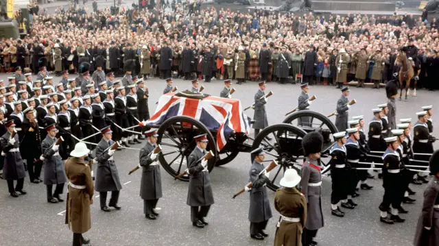 The State Gun Carriage carrying the coffin of Sir Winston Churchill