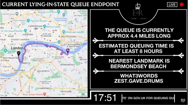 Screengrab of the government's queue tracker which shows the estimated wait time as being 'at least eight hours' and the length as 4.4 miles (6.9km)