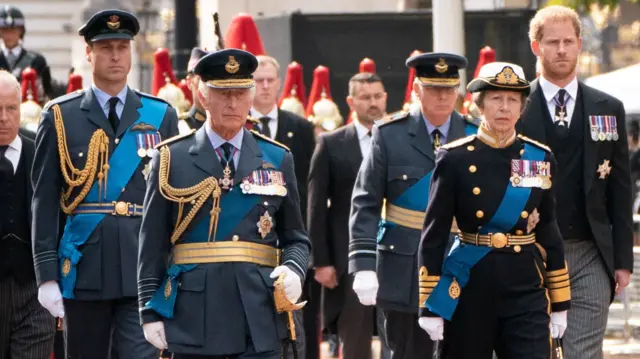 King Charles, Princess Anne, Prince William and Prince Harry in the procession