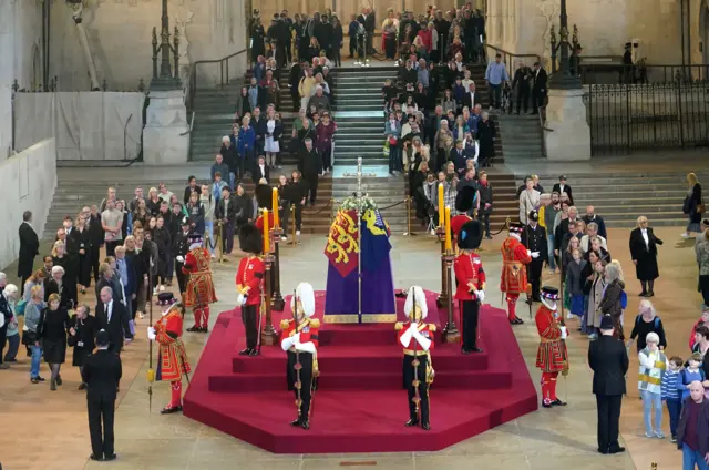 The Queen's coffin lying in state