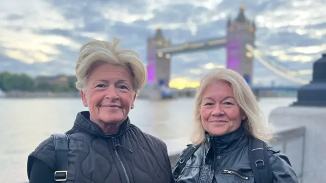 Sisters Jackie Clark and Jen Pask in the queue at Tower Bridge