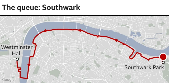 Map nad graphic that says the queue - southwark - with a map showing the location