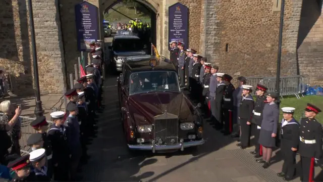 Royal car driving out of Cardiff Castle gates