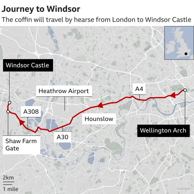 Map showing details of the hearse's route to Windsor from London