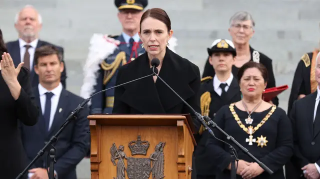 New Zealand PM Jacinda Ardern speaks on the steps of parliament in Wellington during the proclamation of accession ceremony to acknowledge King Charles III as the King of New Zealand