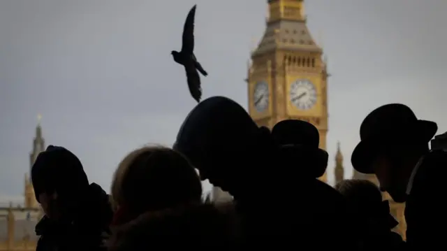 People queue facing the Parliament