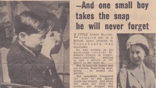 A newspaper article about James Morrow taking a photo of the Queen