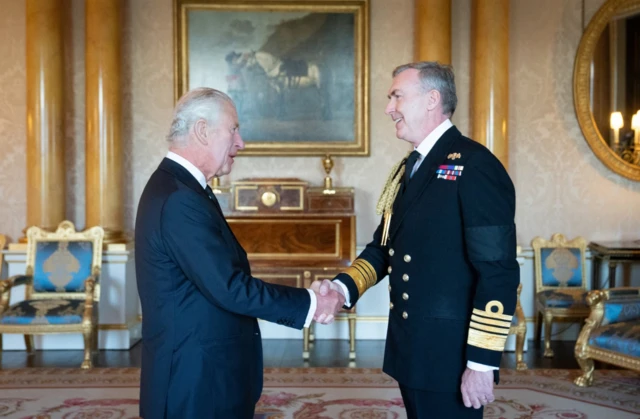 King Charles III met Adm Sir Tony Radakin during a meeting with military chiefs of staff at Buckingham Palace on Saturday