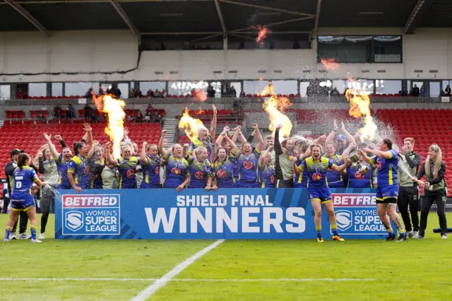 Warrington celebrate winning the Women's Super League Shield Final