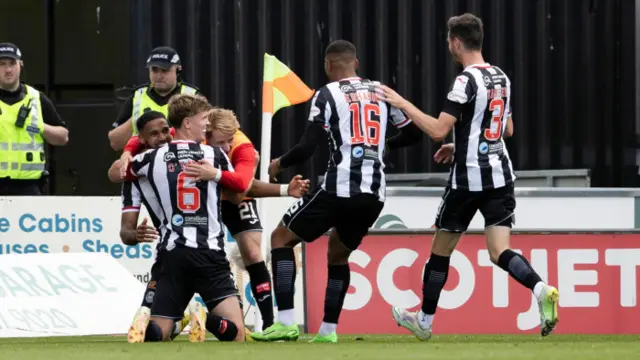 Jonah Ayunga (left) celebrates making it 2-0 to St Mirren