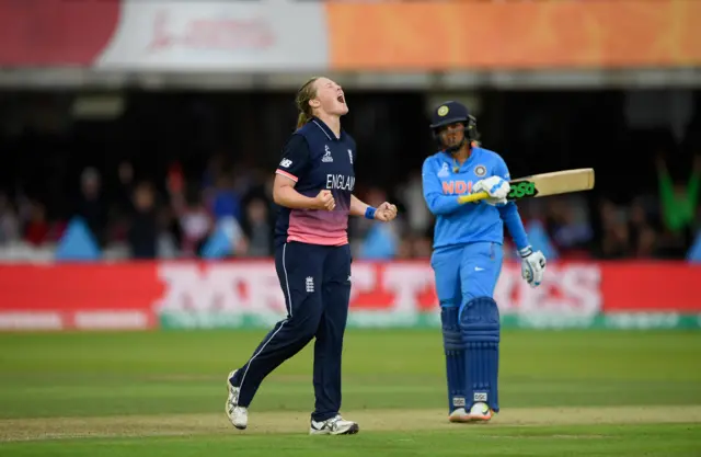 Anya Shrubsole celebrates taking a wicket in the 2017 World Cup final