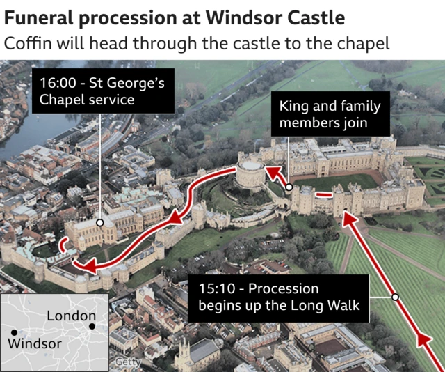 Aerial view of  the final part of the route of Queen Elizabeth II’s funeral procession, including Windsor Castle and St George’s Chapel