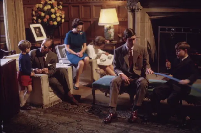 Prince Edward, the Duke of Edinburgh, Queen Elizabeth, Princess Anne, Prince Charles and Prince Andrew in 1969