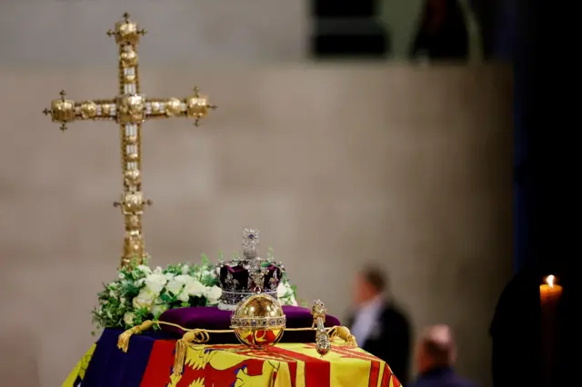 The Queen's coffin, draped in the Royal Standard, in Westminster Hall