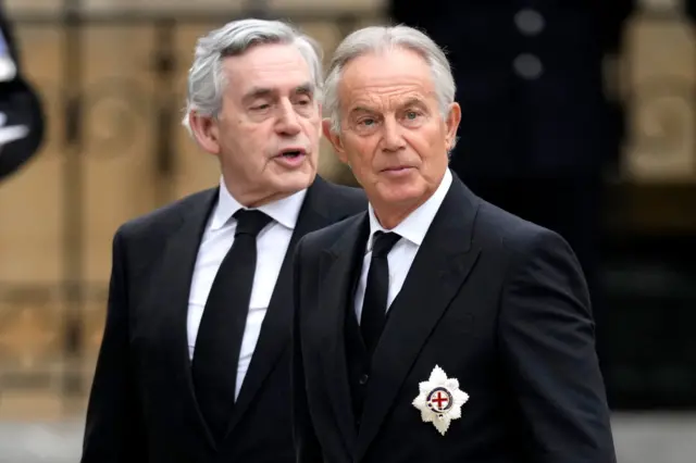 Former Prime Ministers Gordon Brown and Tony Blair arrive