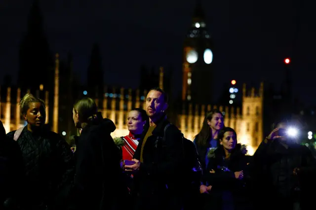 People queue on the south bank of the Thames with the Houses of Parliament lit up in the backgrond