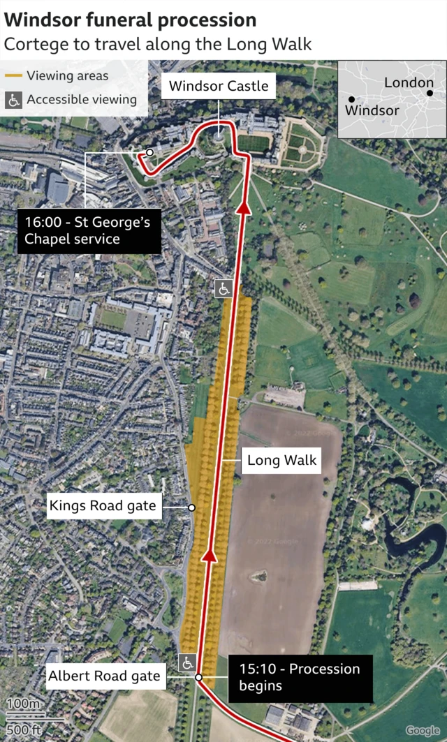 Map showing Windsor Castle's Long Walk