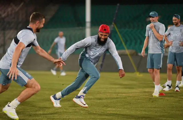 Adil Rashid and Chris Woakes during England training