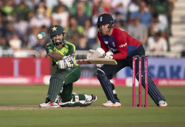 Mohammad Rizwan plays a sweep shot for Pakistan in the T20 against England at Trent Bridge