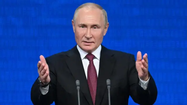 Russian President Vladimir Putin addresses an event marking the 100th anniversary of the republic of Adygea, Kabardino-Balkaria and Karachay-Cherkessia, at the State Kremlin Palace in Moscow, Russia, 20 September 2022.