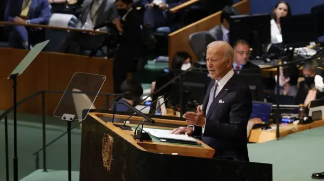 President Joseph Biden of the US delivers his address during the 77th General Debate inside the General Assembly Hall at United Nations Headquarters in New York, New York, USA, 21 September 2022.