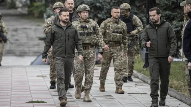 President Zelensky (left) toured Ukrainian territory recently recaptured from Russia earlier this month