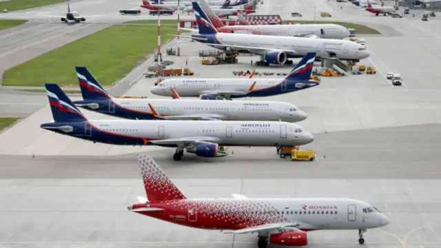 Aeroflot Russian Airlines and Rossiya Airlines jet aircrafts at Moscow-Sheremetyevo International Airport